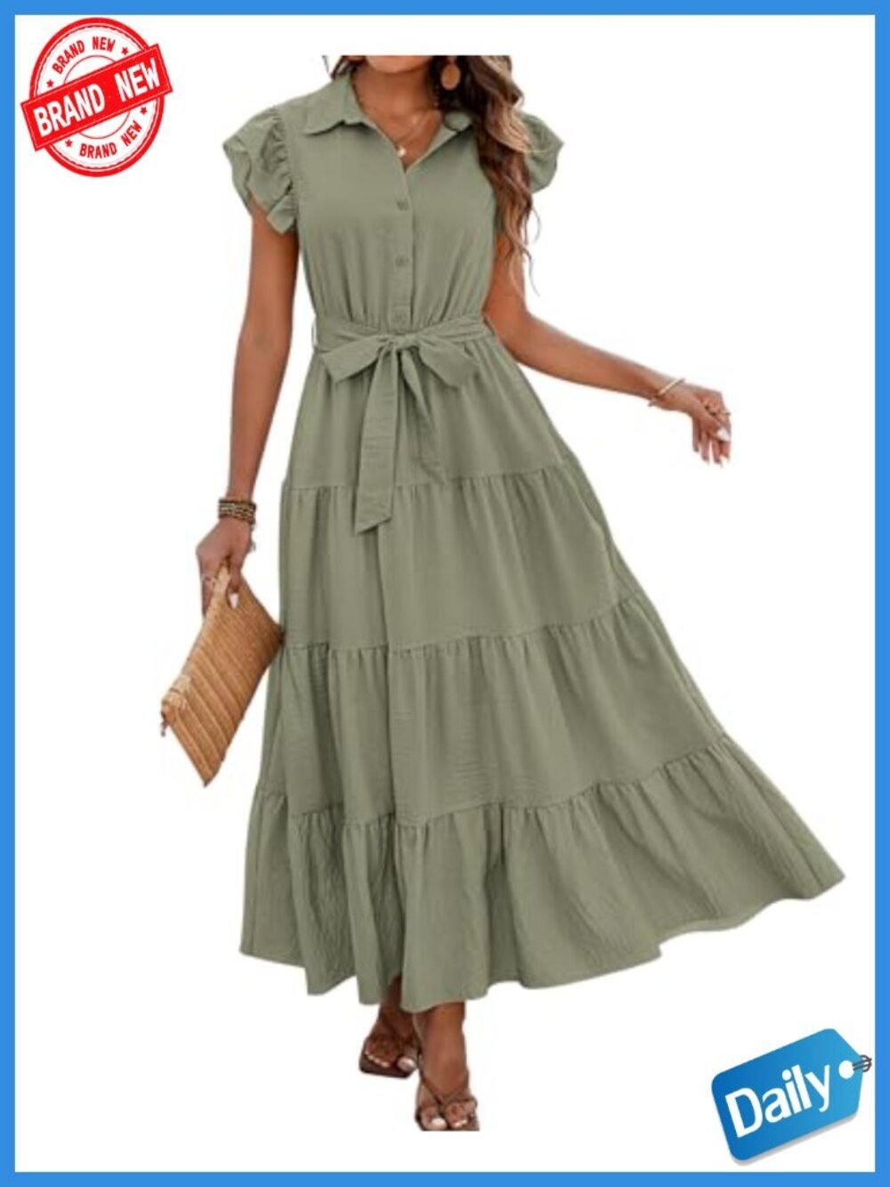 Cap Ruffle Sleeve V Neck Button Belted Tiered Boho Maxi Dress with Pockets